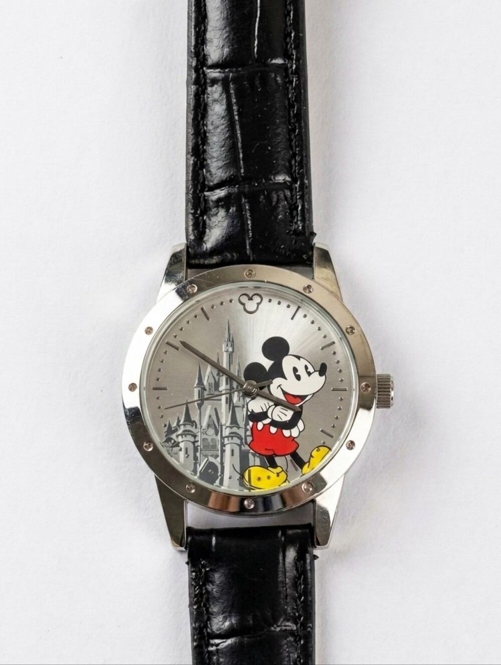 Disney Mickey Mouse Castle Watch Silver Tone Black Genuine Leather Strap